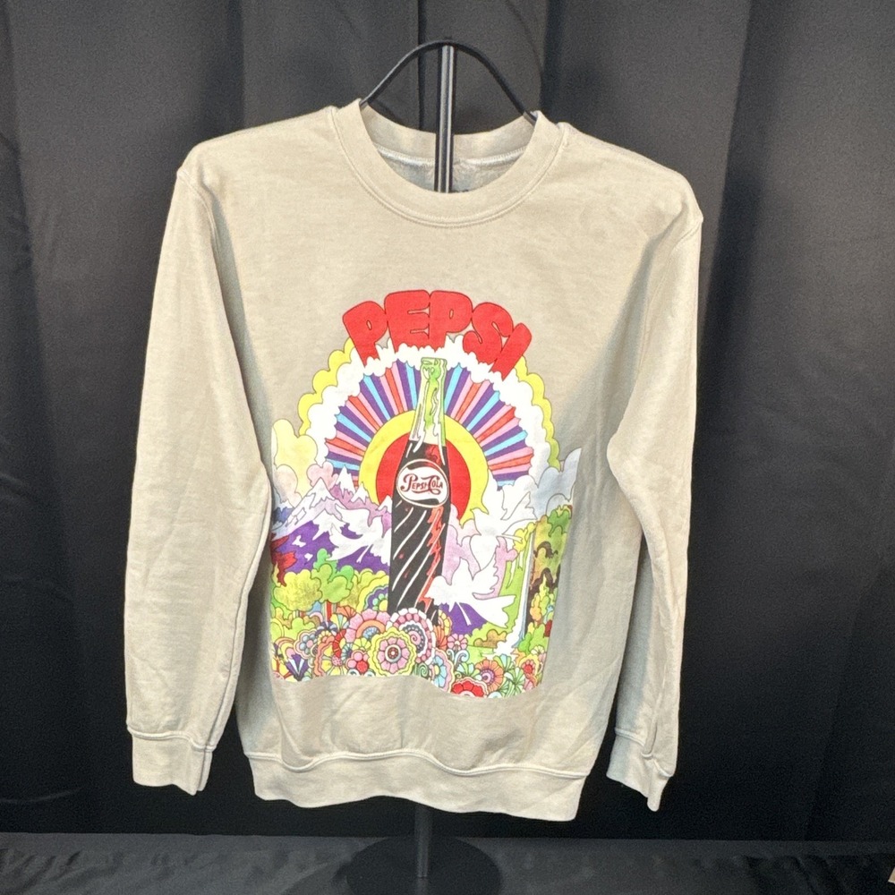 Vintage Pepsi Logo Graphic Print Sweatshirt Fleece Beige Mens Small S